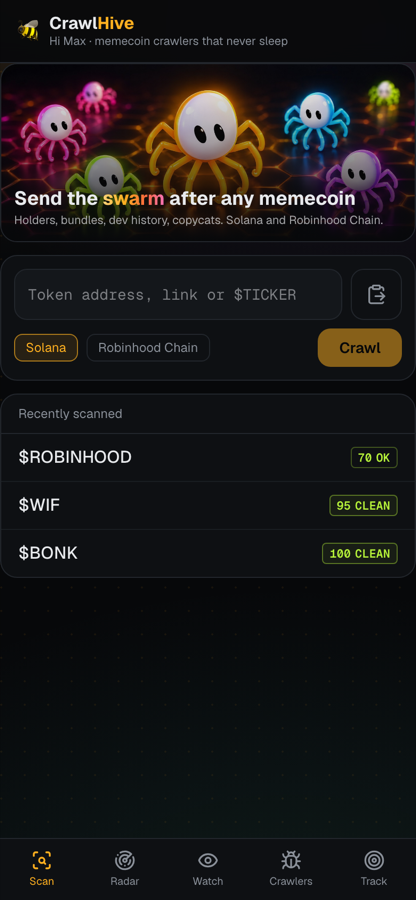 The CrawlHive Telegram app: scan any memecoin